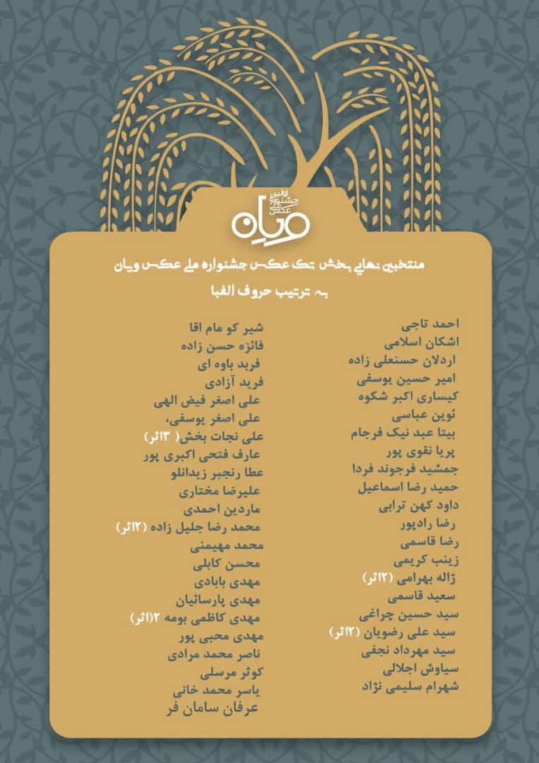 منتخبین نهایی بخش تک عکس جشنواره ملی عکس ویان به ترتیب حروف الفبا